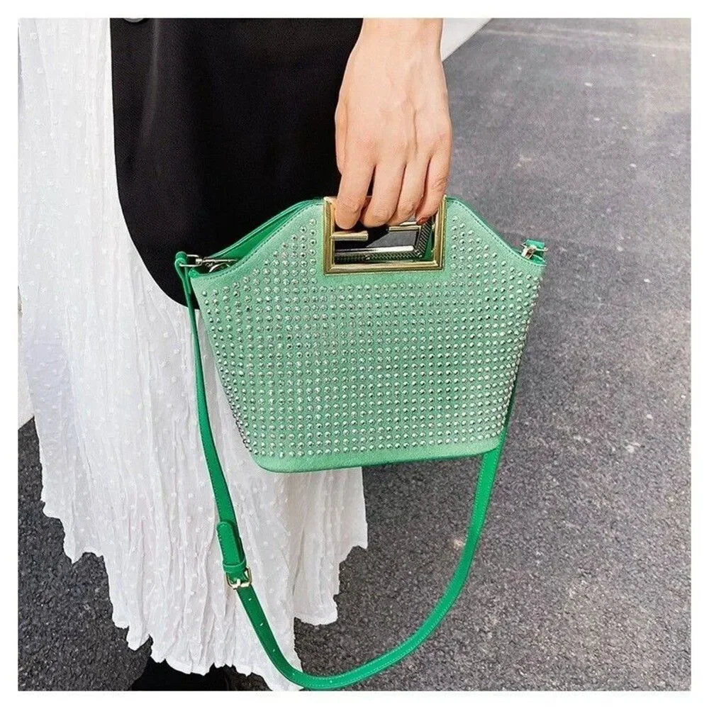 Women's Green  Top Handle Stone Studded Metal Handle Satchel Handbag